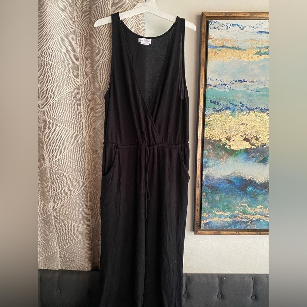 Lovers + Friends Knit Jumpsuit Womens Black Drawstring Skeeveless V Neck Sz L